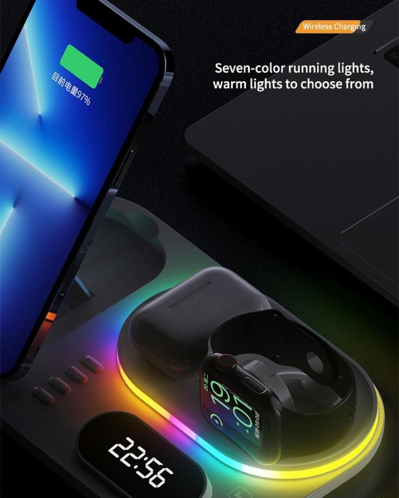 GADGETSHOR 4 in 1 Wireless Foldable Fast Charger with Digital Clock, RGB Light Wirless Charging for iPhone, Airpods & iWatch