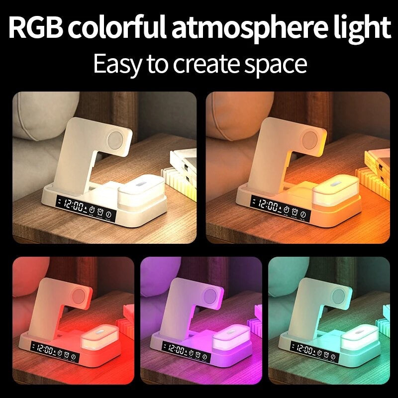 GADGETSHOR 4 in 1 Wireless Foldable Fast Charger with Digital Clock, RGB Light Wirless Charging for iPhone, Airpods & iWatch