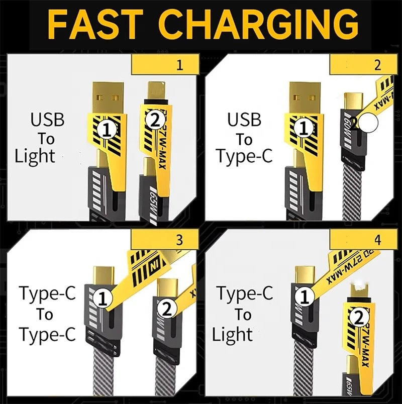 Gadgetshor 4-in-1 Fast Charging Cable 65W + 27W | Sturdy Metal Alloy Braided Design | Multi-Port: USB-C, Lightning, USB-A | Compatible with iPhone, iPad, MacBook, Laptops | USB-C to USB-C, Lightning to USB-C & USB-A | Universal Device Compatibility