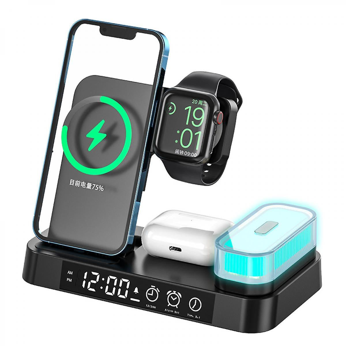 GADGETSHOR 4 in 1 Wireless Foldable Fast Charger with Digital Clock, RGB Light Wirless Charging for iPhone, Airpods & iWatch