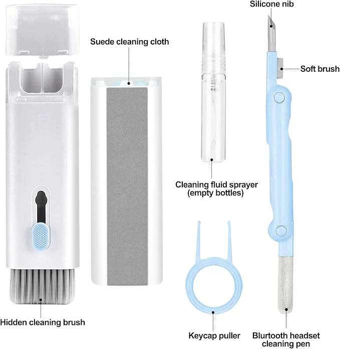 Gadgetshor 7-in-1 Multifunctional Electronic Cleaner Kit | Keyboard Cleaner Brush, Earbuds Cleaning Pen, Laptop & Phone Screen Cleaner, Key Puller, and Spray Bottle | Complete Cleaning Set for Electronics