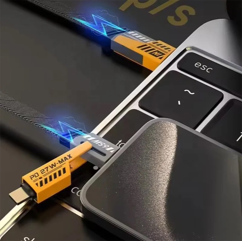 Gadgetshor 4-in-1 Fast Charging Cable 65W + 27W | Sturdy Metal Alloy Braided Design | Multi-Port: USB-C, Lightning, USB-A | Compatible with iPhone, iPad, MacBook, Laptops | USB-C to USB-C, Lightning to USB-C & USB-A | Universal Device Compatibility