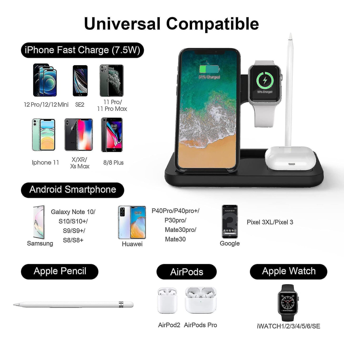GADGETSHOR 4 in 1 Wireless Foldable Fast Charger with Wirless Charging for iPhone, Airpods & iWatch
