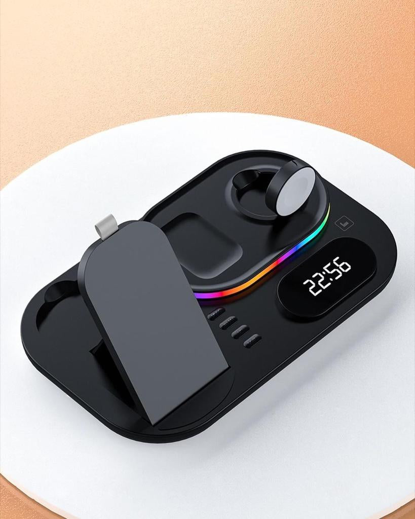 GADGETSHOR 4 in 1 Wireless Foldable Fast Charger with Digital Clock, RGB Light Wirless Charging for iPhone, Airpods & iWatch