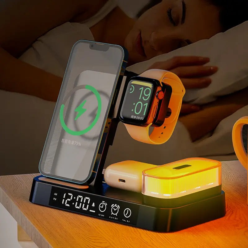 GADGETSHOR 4 in 1 Wireless Foldable Fast Charger with Digital Clock, RGB Light Wirless Charging for iPhone, Airpods & iWatch