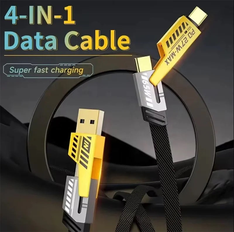 Gadgetshor 4-in-1 Fast Charging Cable 65W + 27W | Sturdy Metal Alloy Braided Design | Multi-Port: USB-C, Lightning, USB-A | Compatible with iPhone, iPad, MacBook, Laptops | USB-C to USB-C, Lightning to USB-C & USB-A | Universal Device Compatibility
