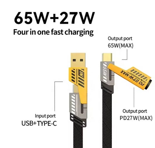 Gadgetshor 4-in-1 Fast Charging Cable 65W + 27W | Sturdy Metal Alloy Braided Design | Multi-Port: USB-C, Lightning, USB-A | Compatible with iPhone, iPad, MacBook, Laptops | USB-C to USB-C, Lightning to USB-C & USB-A | Universal Device Compatibility