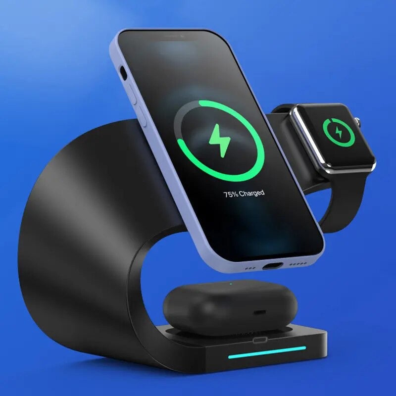 GADGETSHOR 3 in 1 Wireless Foldable Fast Charger with Wirless Charging for iPhone, Airpods & iWatch